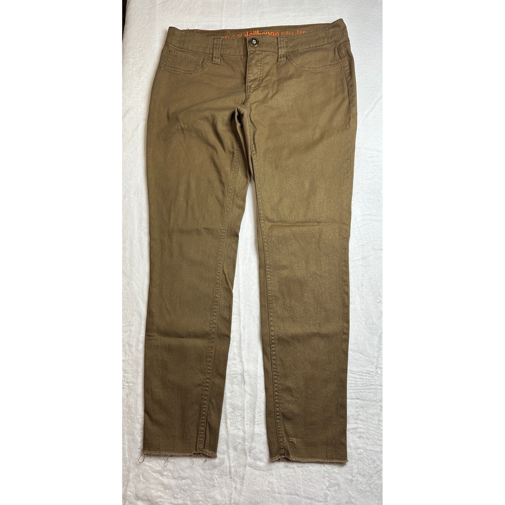 Dollhouse Pants Women Size 9 Olive Brown Metallic Rhinestone Raw Hem MF-1609M02